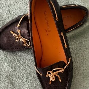 Talbots Navy Leather Moccasin Loafers with Gold Rope Detail